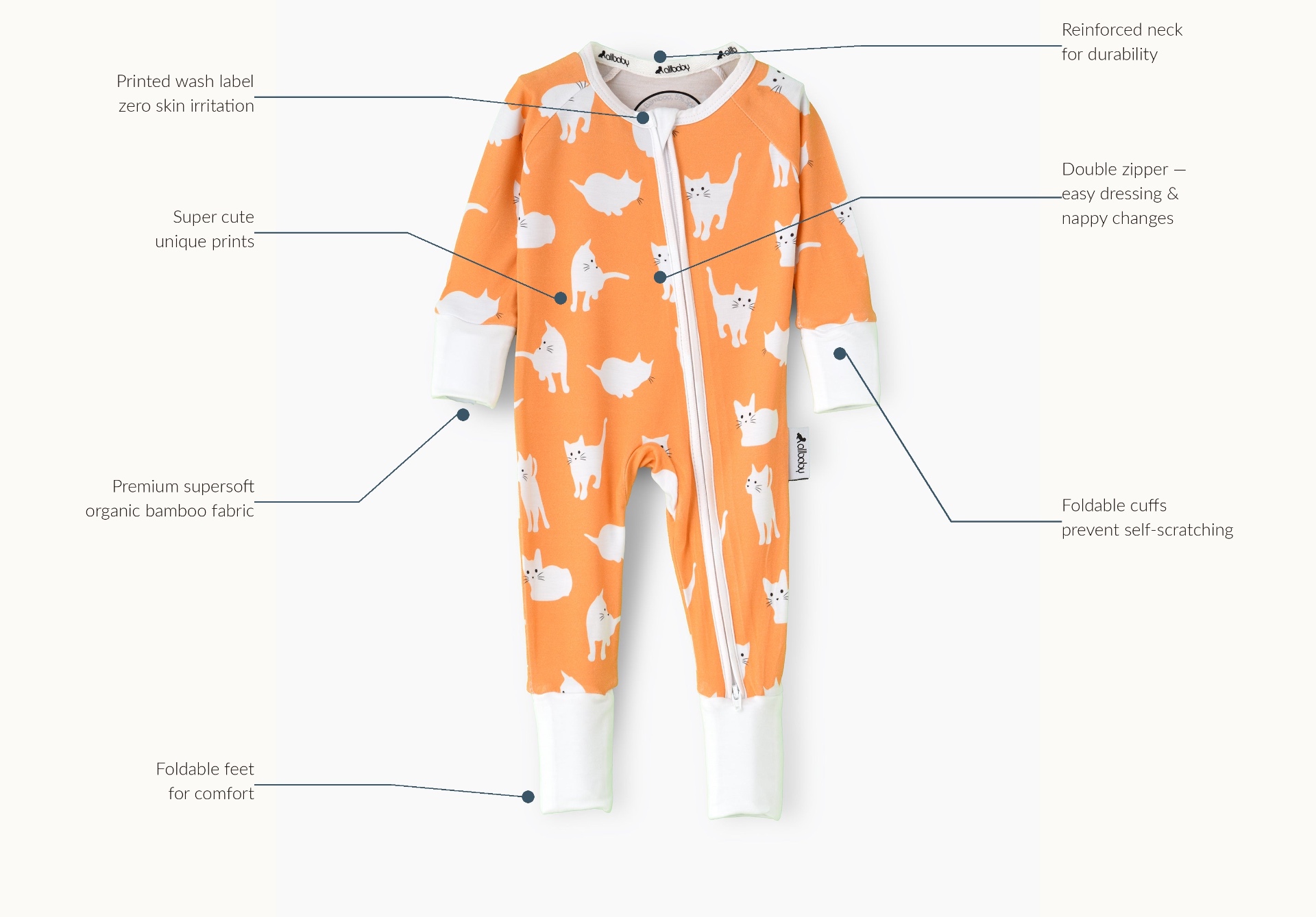 Allbaby sleepsuit features: reinforced neck, printed wash label, double zipper, foldable cuffs, foldable feet, premium organic bamboo fabric, super cute unique prints
