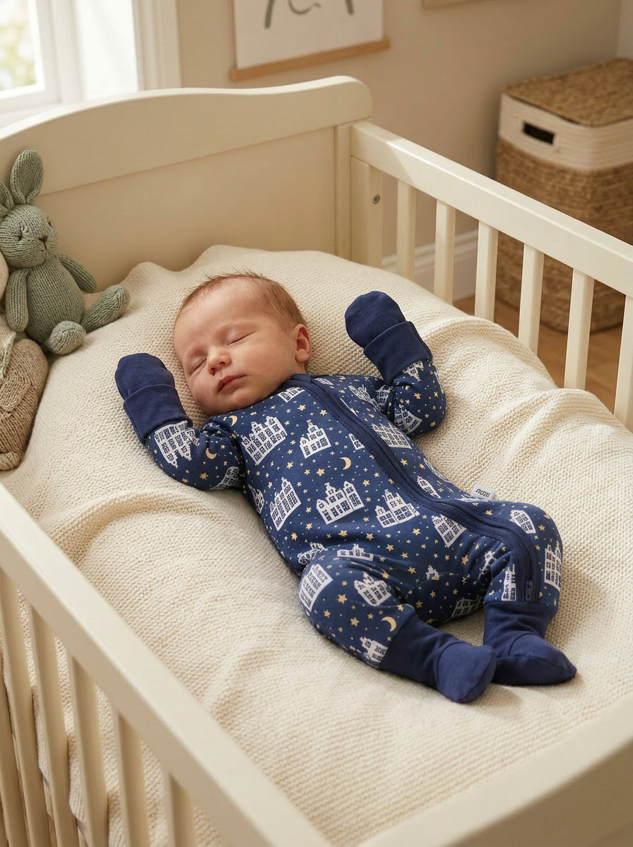Peaceful sleeping baby in Allbaby Puddle Ducks sleepsuit with fold-over mitten cuffs